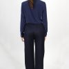 Pantalon femme taille haute en laine flanelle bleu marine ATODE