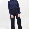 Pantalon femme taille haute en laine flanelle bleu marine ATODE