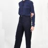 Pantalon femme taille haute en laine flanelle bleu marine ATODE